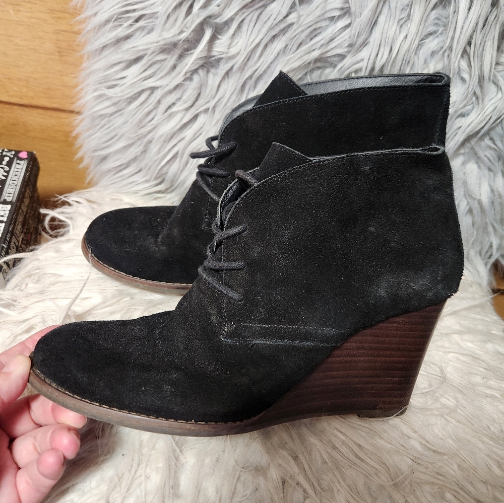 Lucky Brand/ Black Suede Leather Wedge Ankle Boots